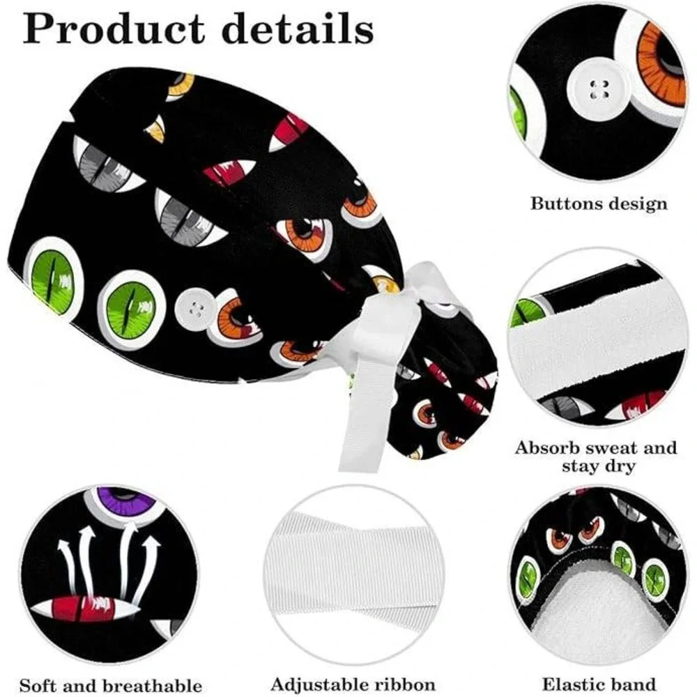 Adjustable Unisex Tie Back Scrub Cap Hat 2 Pack‎ Work Hat with Buttons